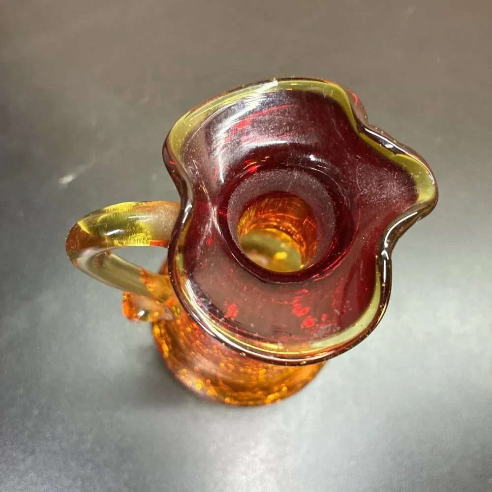 Vintage Amberina Crackle Glass Ruby Red Orange Cruet Pitcher  With Stopper